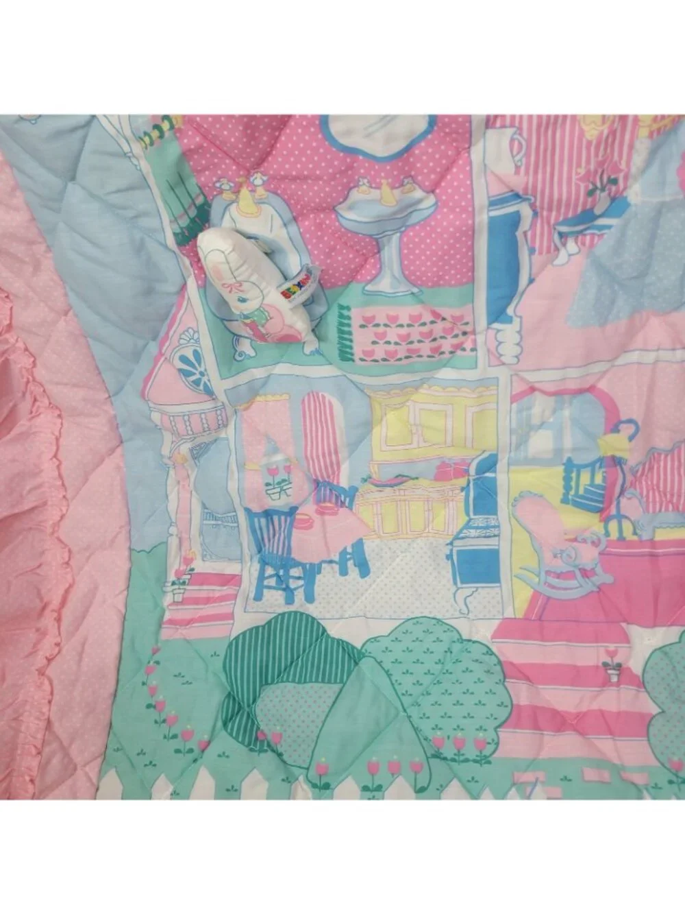 Vintage Bedkins Girls Ruffle Twin Comforter Coverlet Pink Plush Bunny Dollhouse